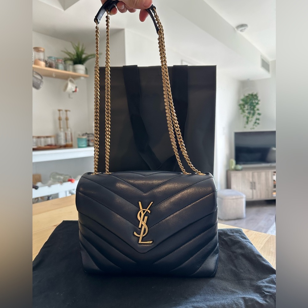 Saint Laurent LouLou in navy blue with gold hardware and size small